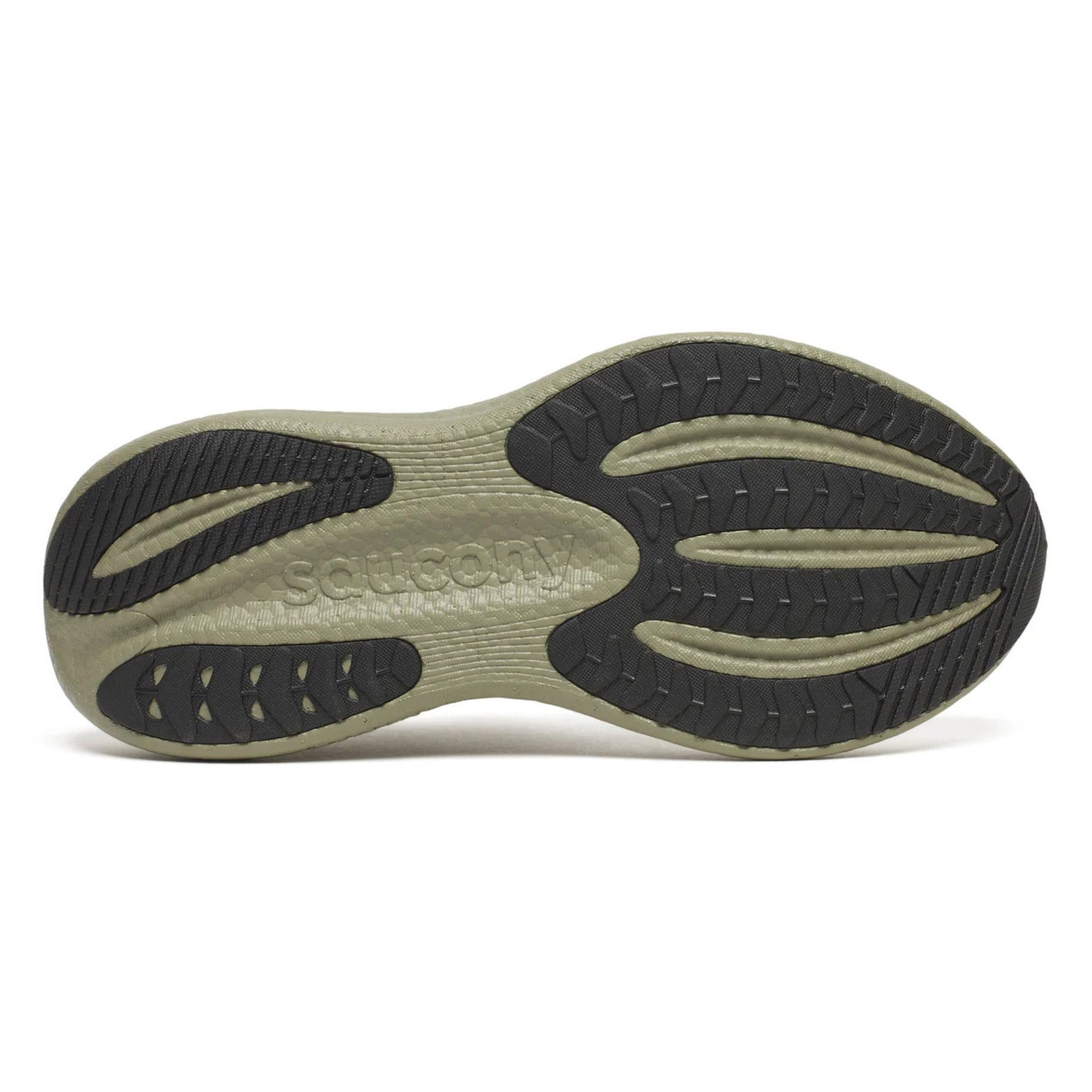 Sole of a Saucony running shoe with black tread pattern on a white background