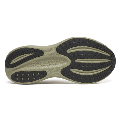 Sole of a Saucony running shoe with black tread pattern on a white background
