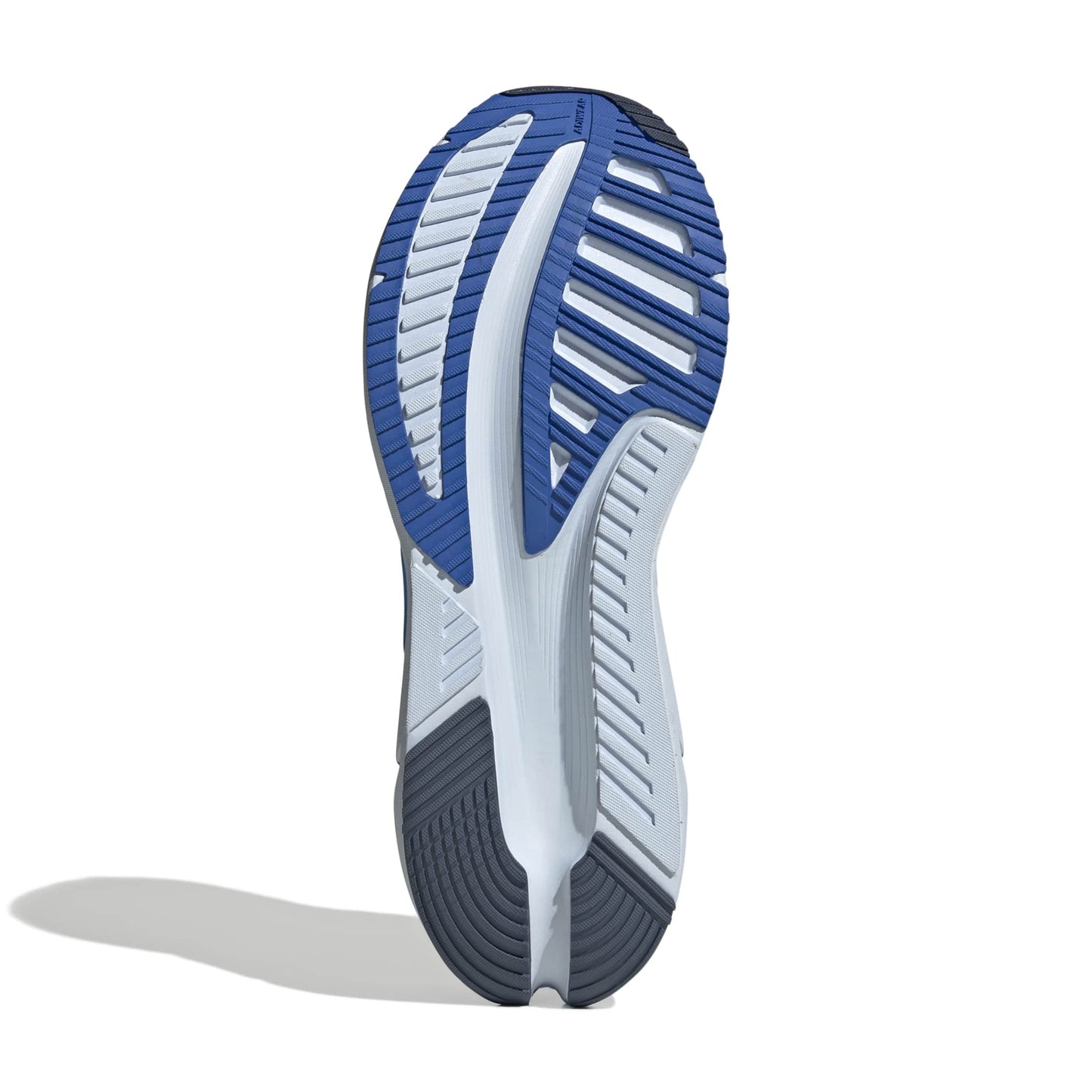 Close-up of a adidas shoe sole with blue and gray design on a white background
