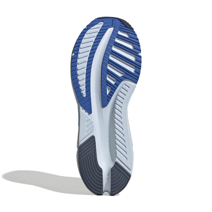 Close-up of a adidas shoe sole with blue and gray design on a white background