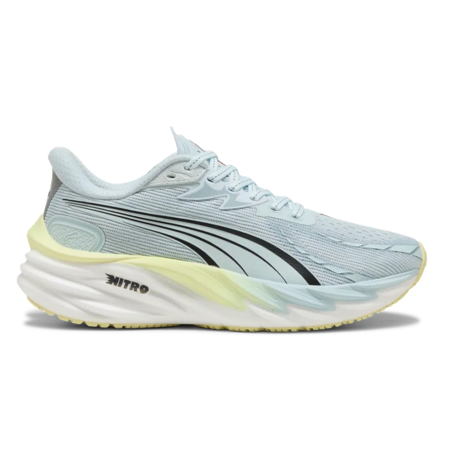 Light blue running shoe with yellow sole on a white background