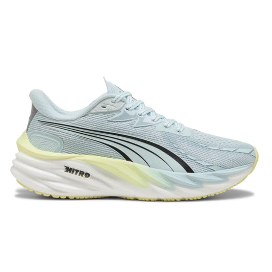 Light blue running shoe with yellow sole on a white background