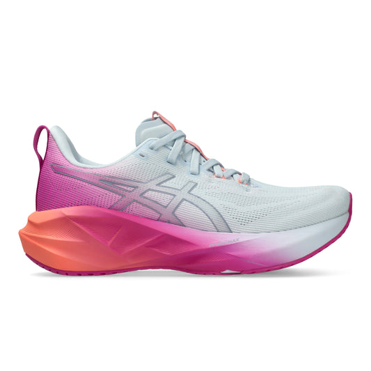 White and pink Asics shoe with coral accents on a white background