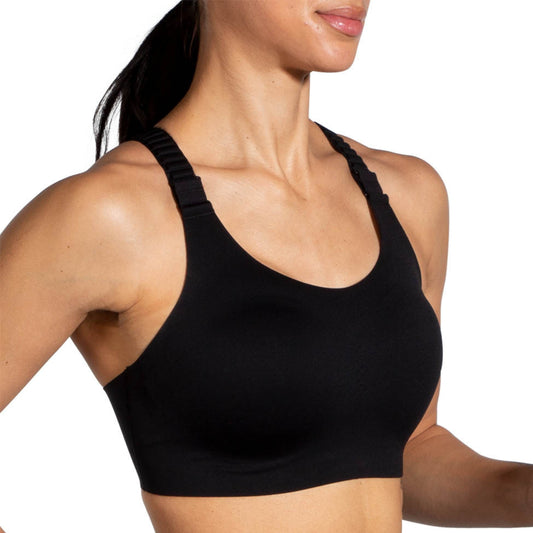 Woman wearing a black sports bra against a plain white background.
