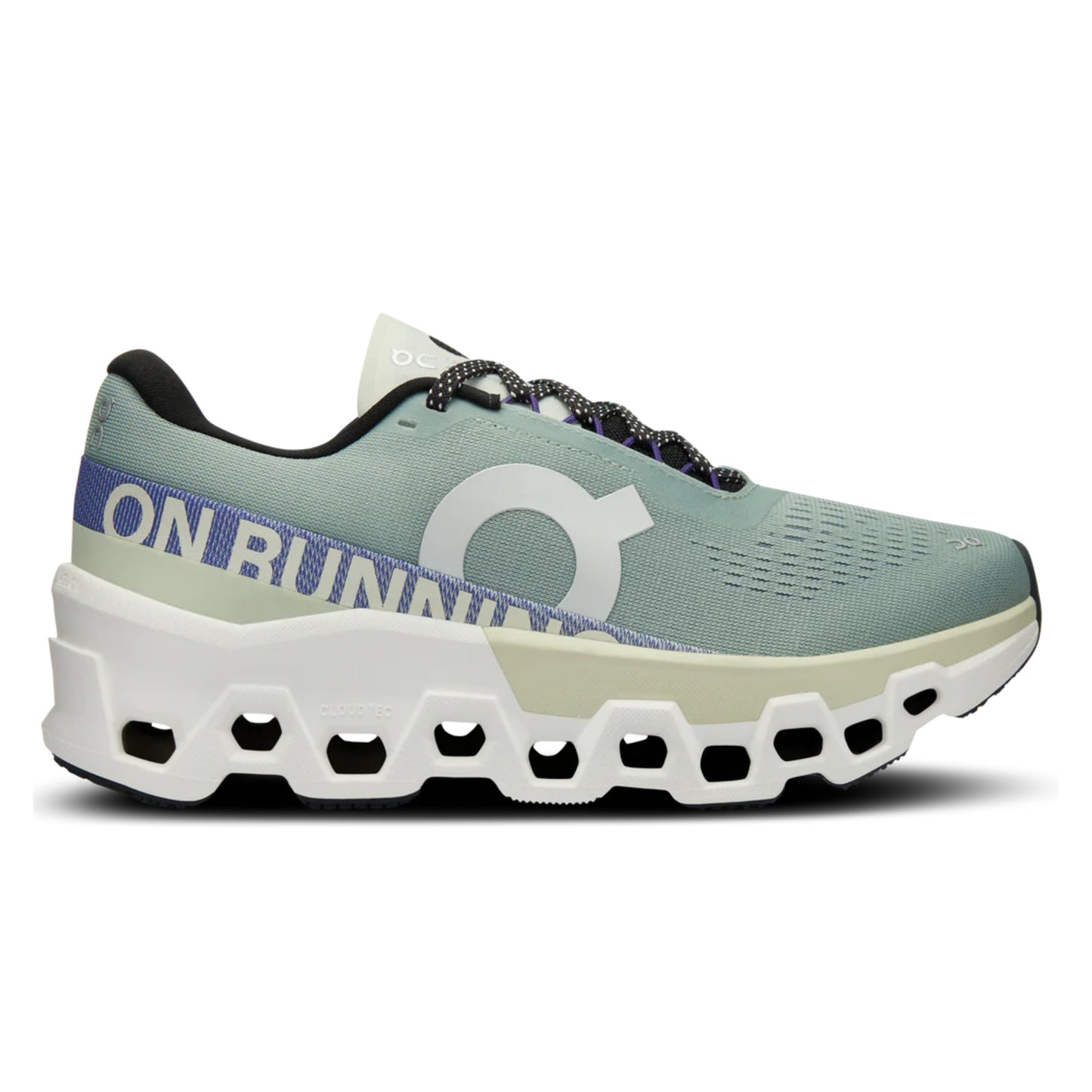 Green running shoe with white sole on a white background