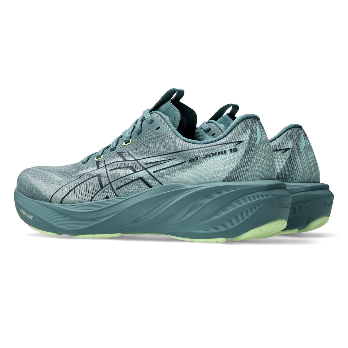 A pair of Asics Gel-Planocross 15 running shoes in a muted teal and gray colorway, shown from a side profile view against a clean white background.