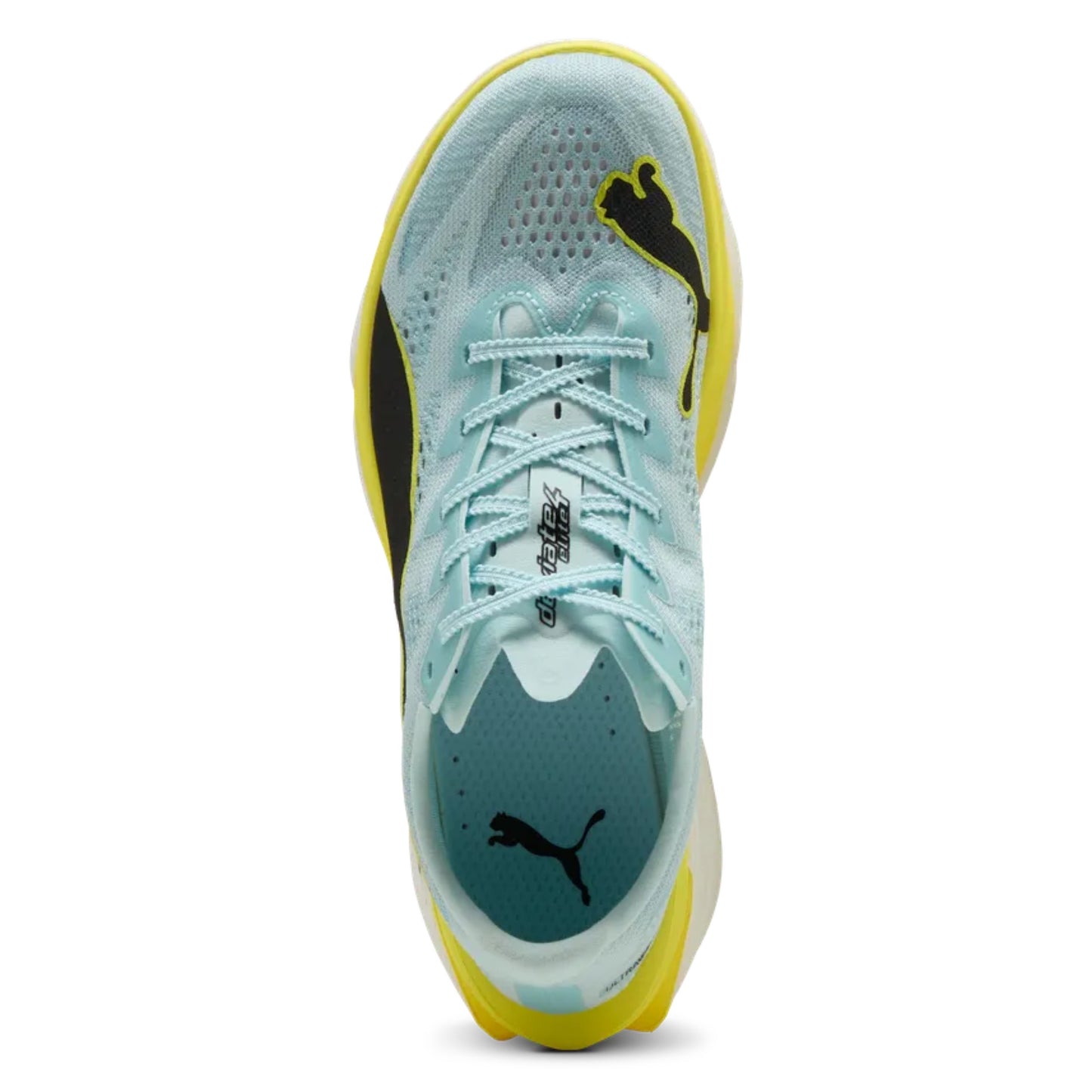 Light blue and yellow sneaker with Puma logo on a white background