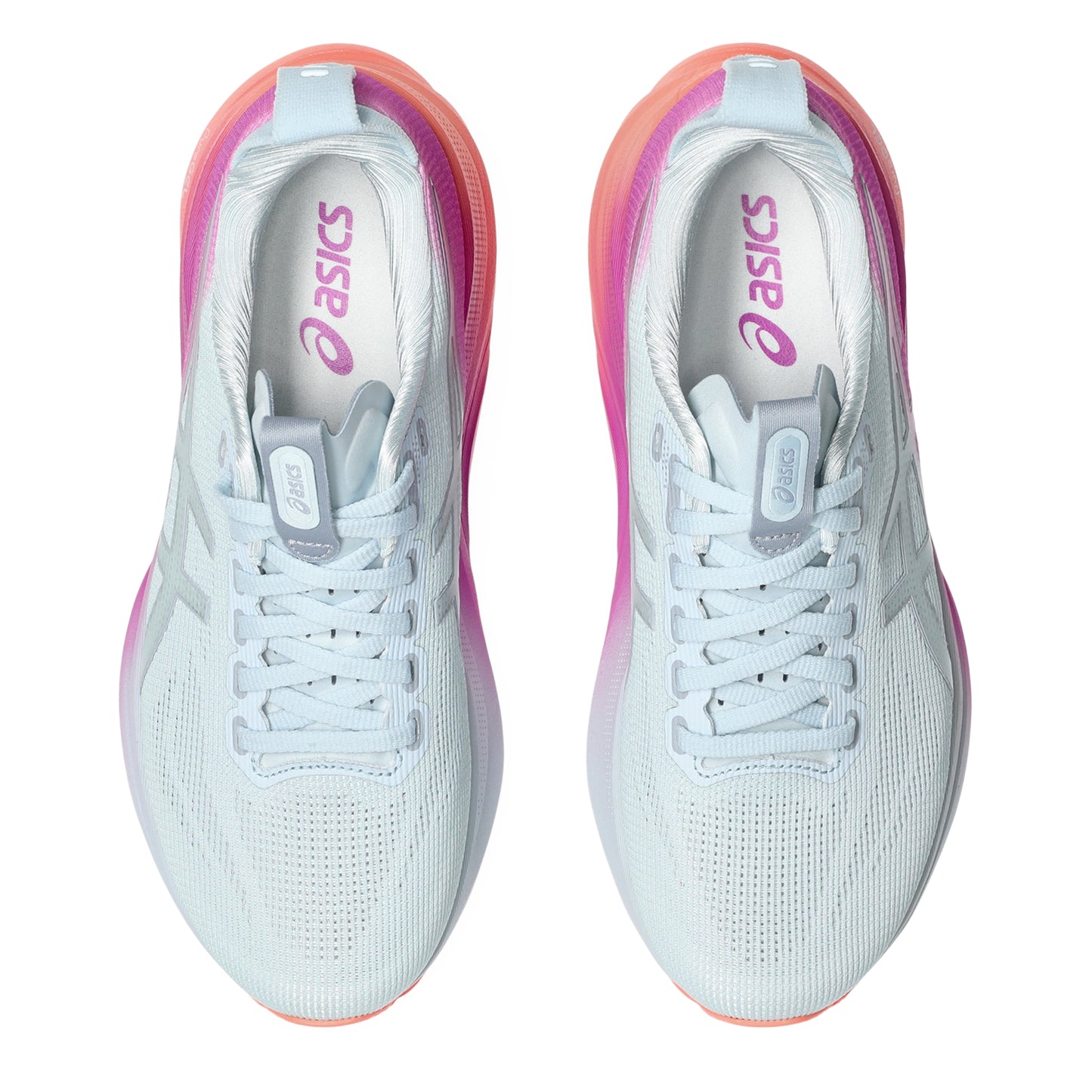 White Asics running shoes with pink accents on a white background