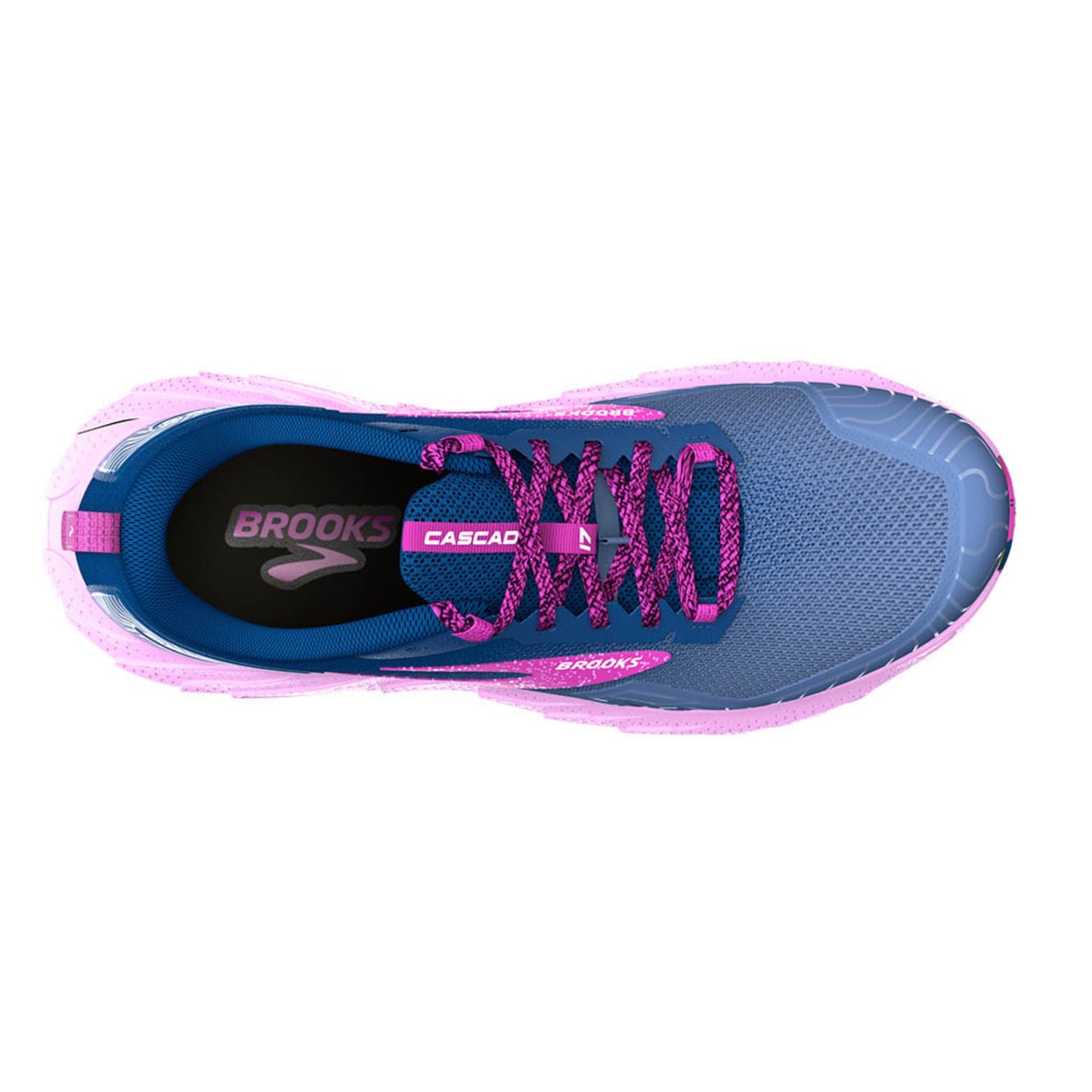 Blue and pink running shoe with 'Brooks' branding on a white background