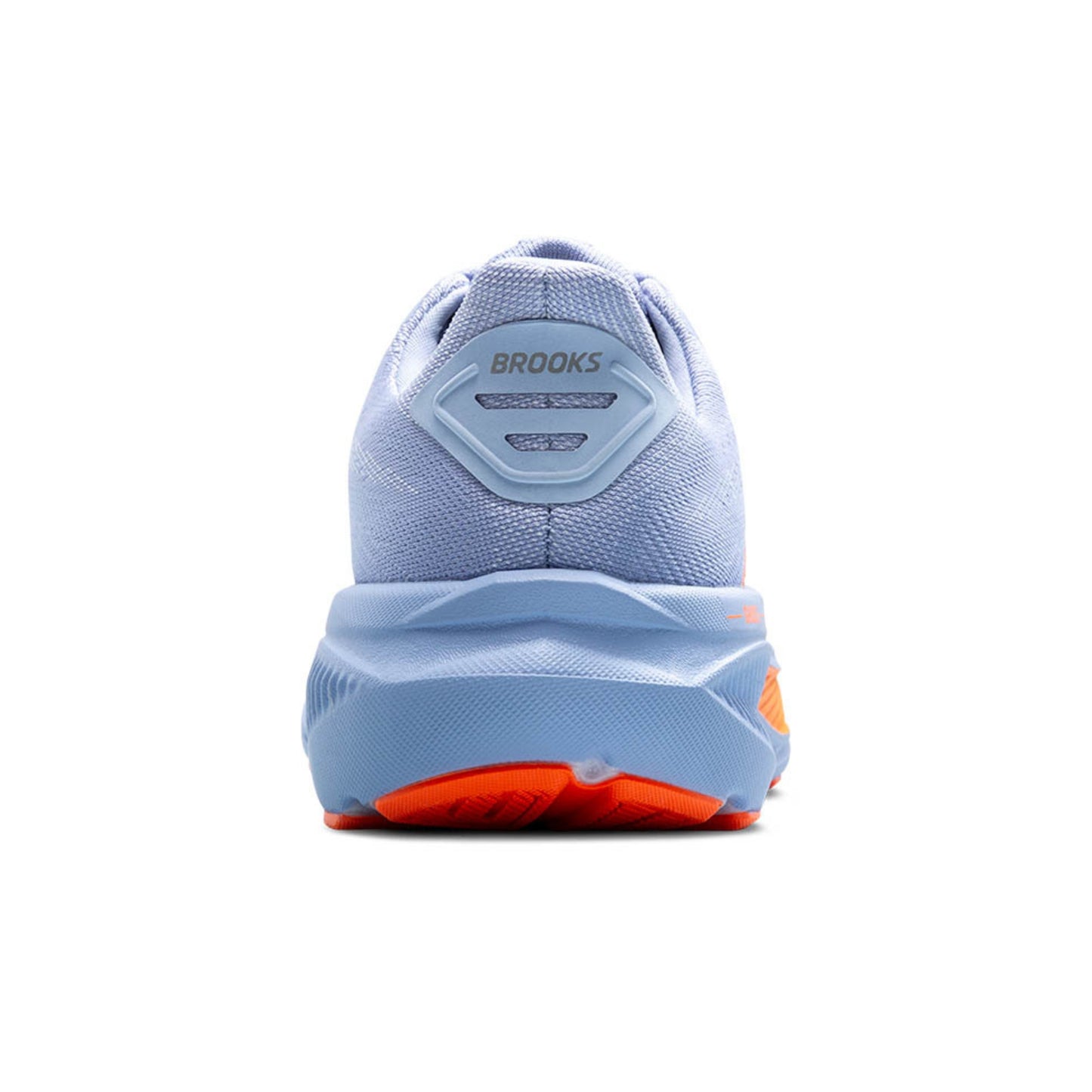 Light blue running shoe with orange sole on a white background