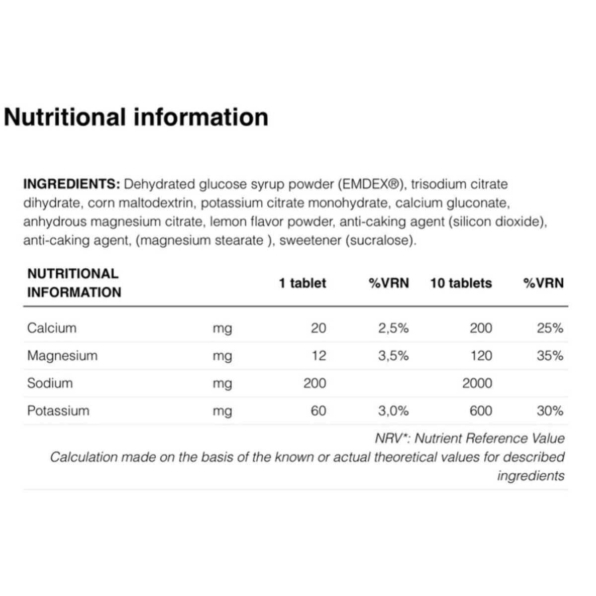 A digital graphic displaying the nutritional information and ingredients list for a supplement. The text lists key ingredients such as dehydrated glucose syrup powder, trisodium citrate, and others, along with a table detailing the nutritional content (Calcium, Magnesium, Sodium, Potassium) for 1 and 10 tablets.