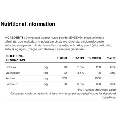 A digital graphic displaying the nutritional information and ingredients list for a supplement. The text lists key ingredients such as dehydrated glucose syrup powder, trisodium citrate, and others, along with a table detailing the nutritional content (Calcium, Magnesium, Sodium, Potassium) for 1 and 10 tablets.