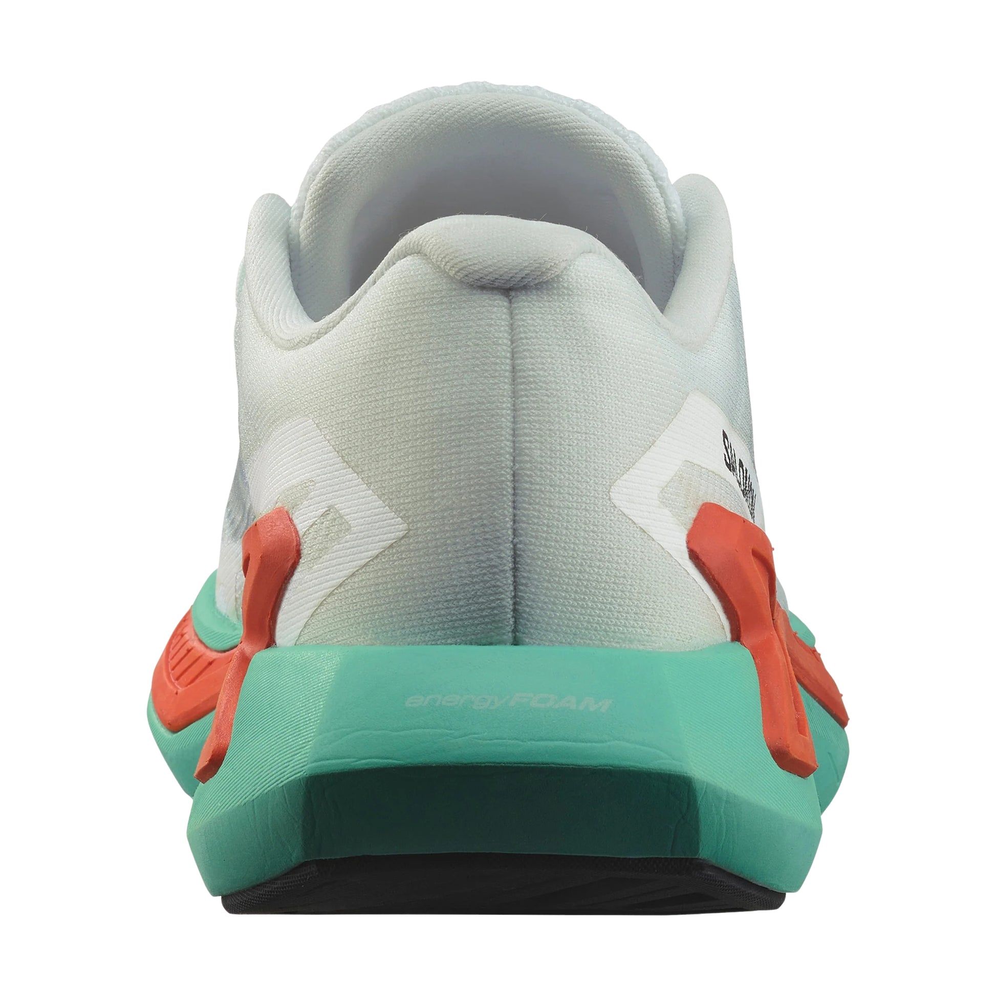 Back view of a running shoe with green sole and orange accents on a white background