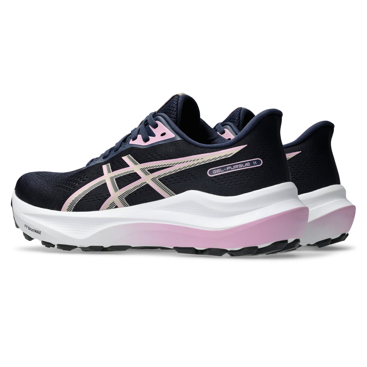 A pair of ASICS running shoes in navy blue with light pink accents and a white midsole, shown from a side profile view on a white background.
