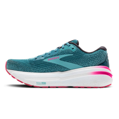 Storm blue running shoe with pink sole on a white background