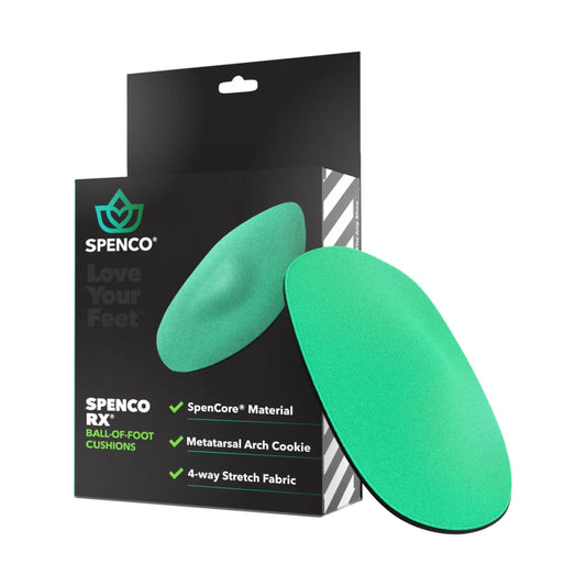 Green Spenco RX ball-of-foot cushions with packaging on a white background