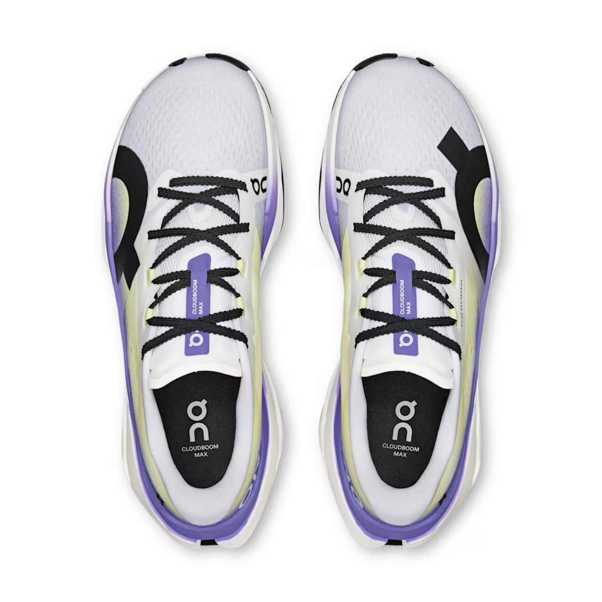 A pair of On running shoes shown from a top-down view. The shoes feature a white mesh upper with black laces, black accents, and purple details, including a purple logo on the tongue and purple heel trim.