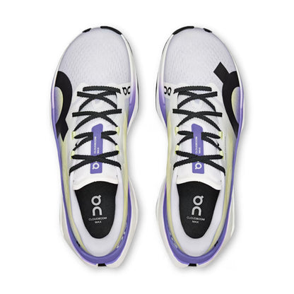 A pair of On running shoes shown from a top-down view. The shoes feature a white mesh upper with black laces, black accents, and purple details, including a purple logo on the tongue and purple heel trim.