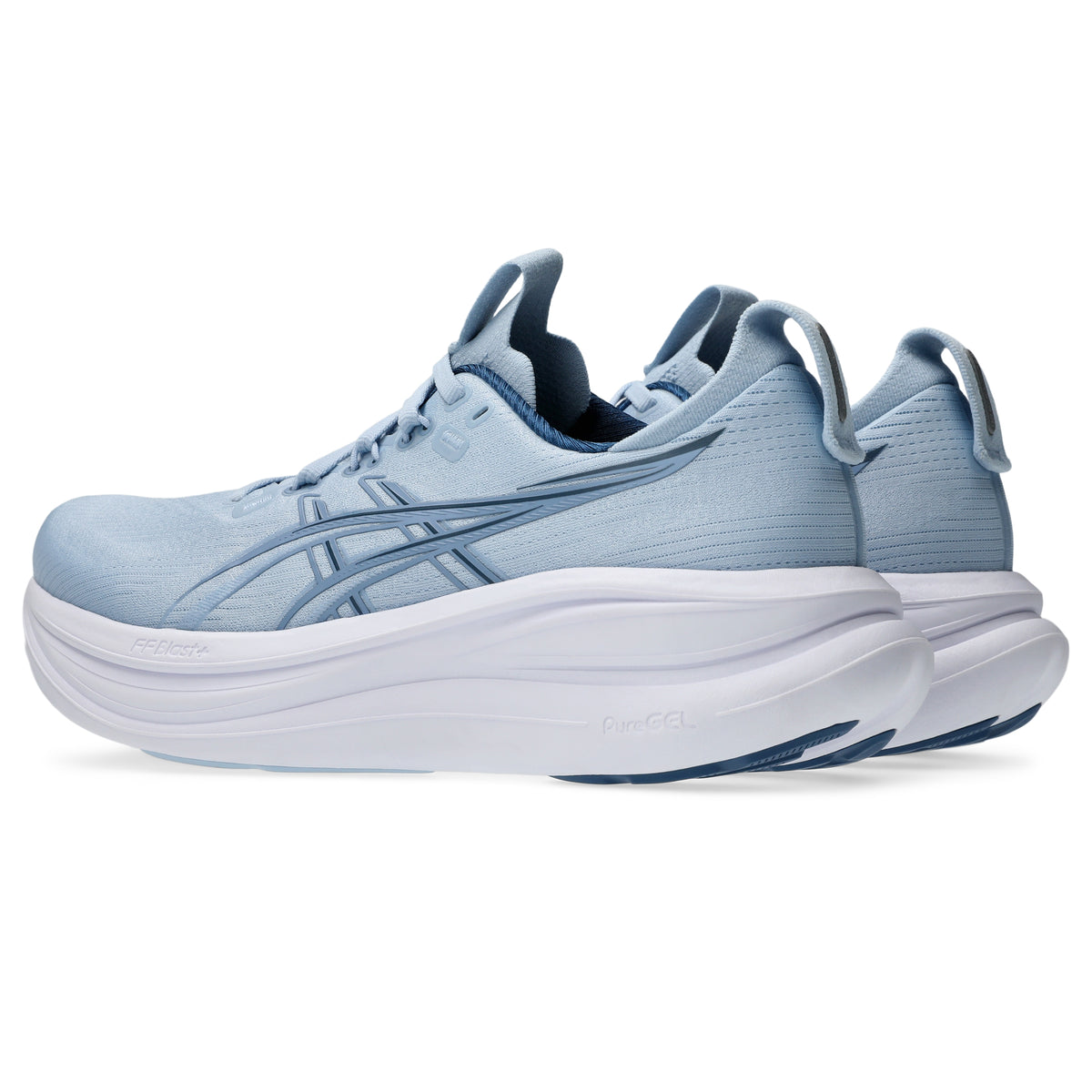 Light blue Asics running shoe on a white background