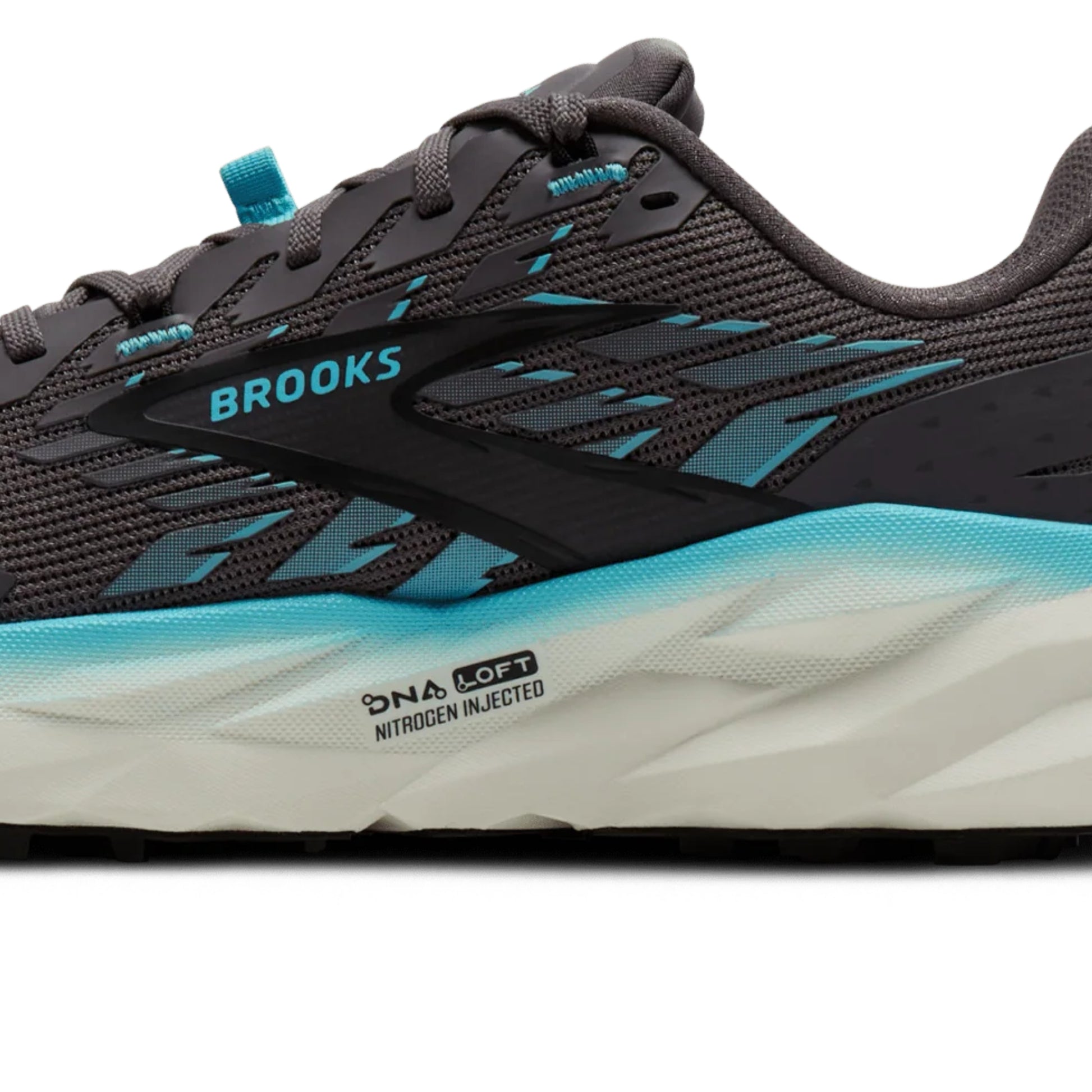 Gray and blue running shoe with 'Brooks' branding on a white background