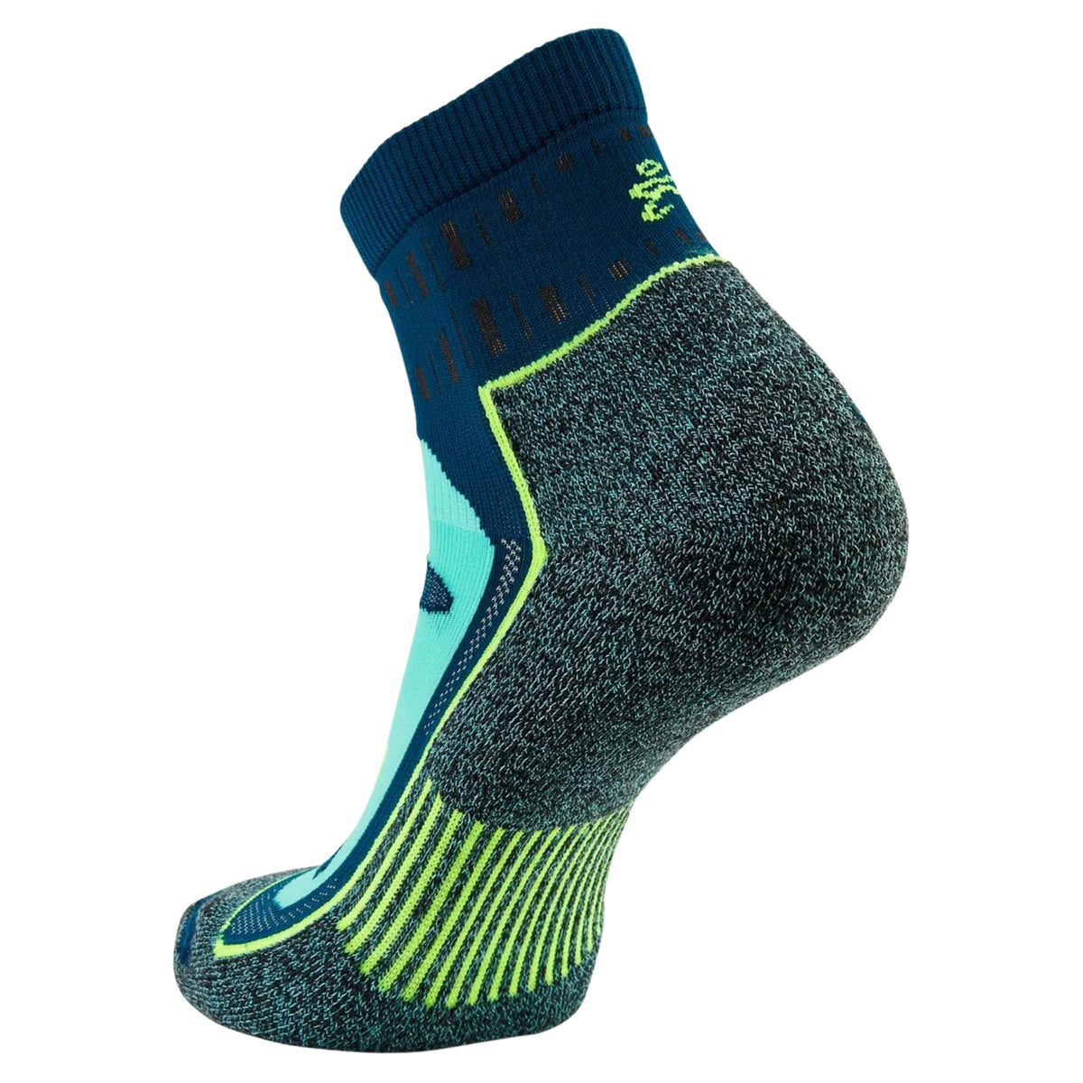 A single low-cut athletic sock shown from a side profile on a white background. The sock features a dark navy blue cuff, a dark gray heathered main body, a bright lime green accent line, a light blue heel panel, and a lime green striped toe area.