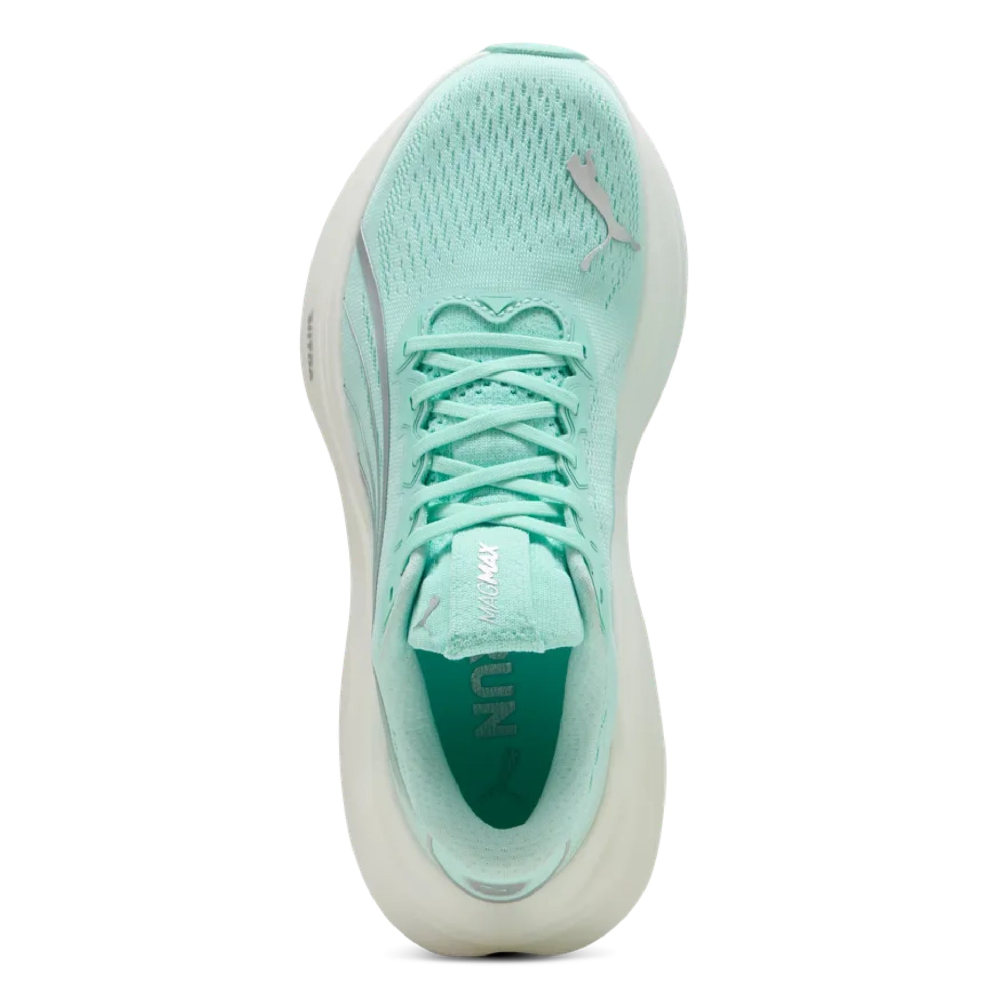 Mint green running shoe on a white background