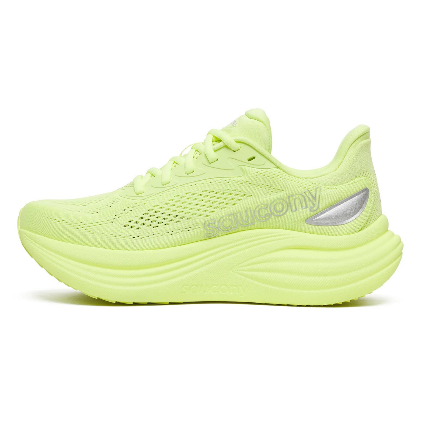 Neon green running shoe with ' Saucony' branding on a white background