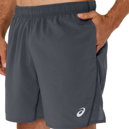 Gray running shorts with a brand logo on a white background