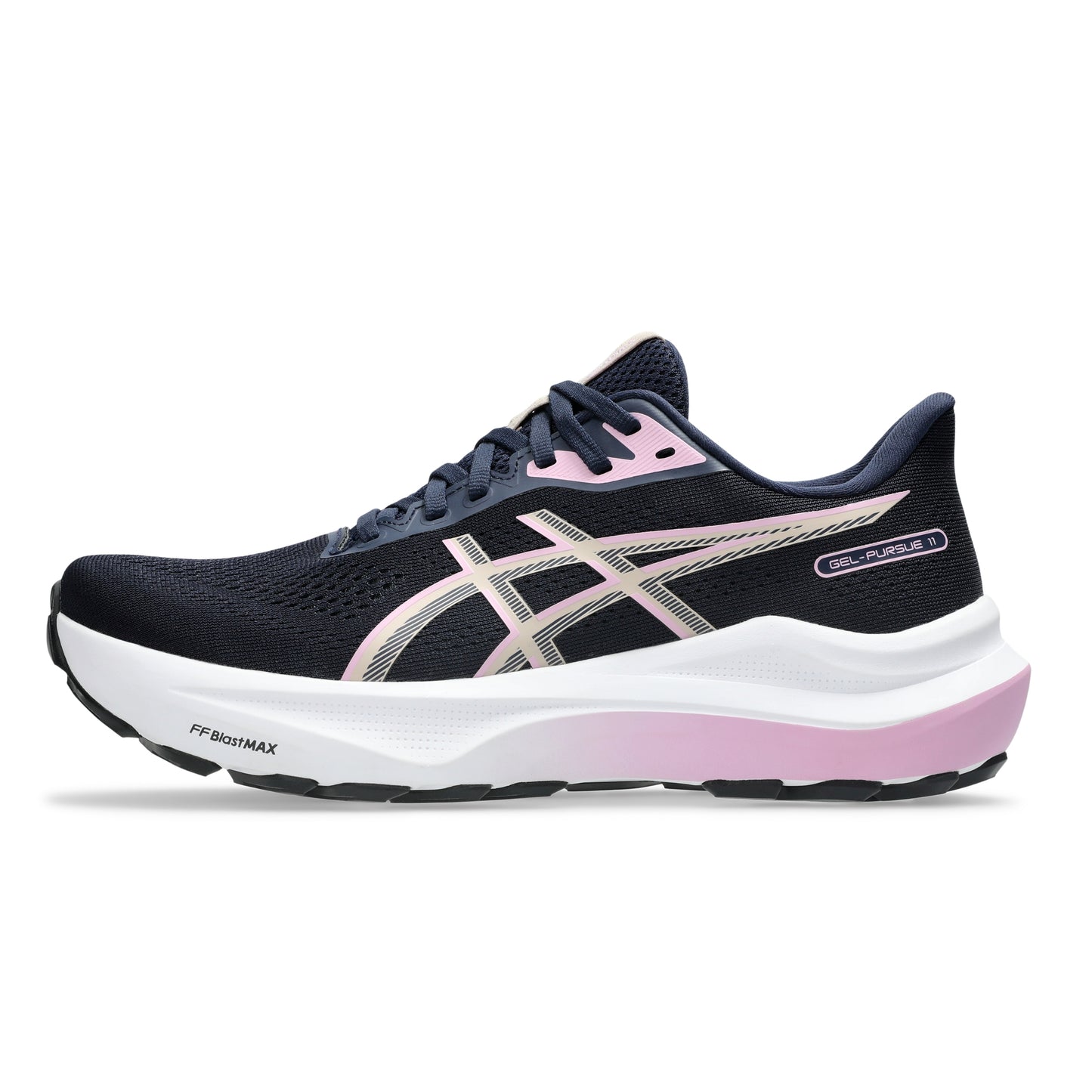 A single ASICS running shoe in black with a white and pink gradient midsole, featuring the signature ASICS stripe logo on the side.