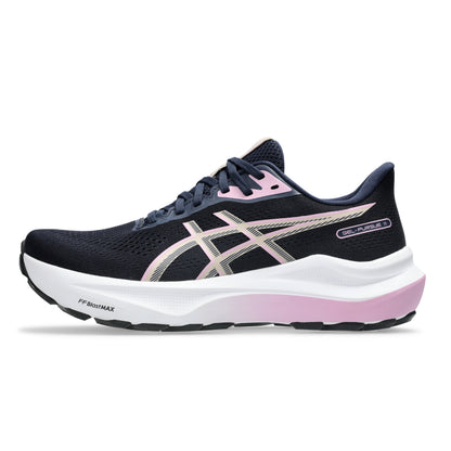 A single ASICS running shoe in black with a white and pink gradient midsole, featuring the signature ASICS stripe logo on the side.