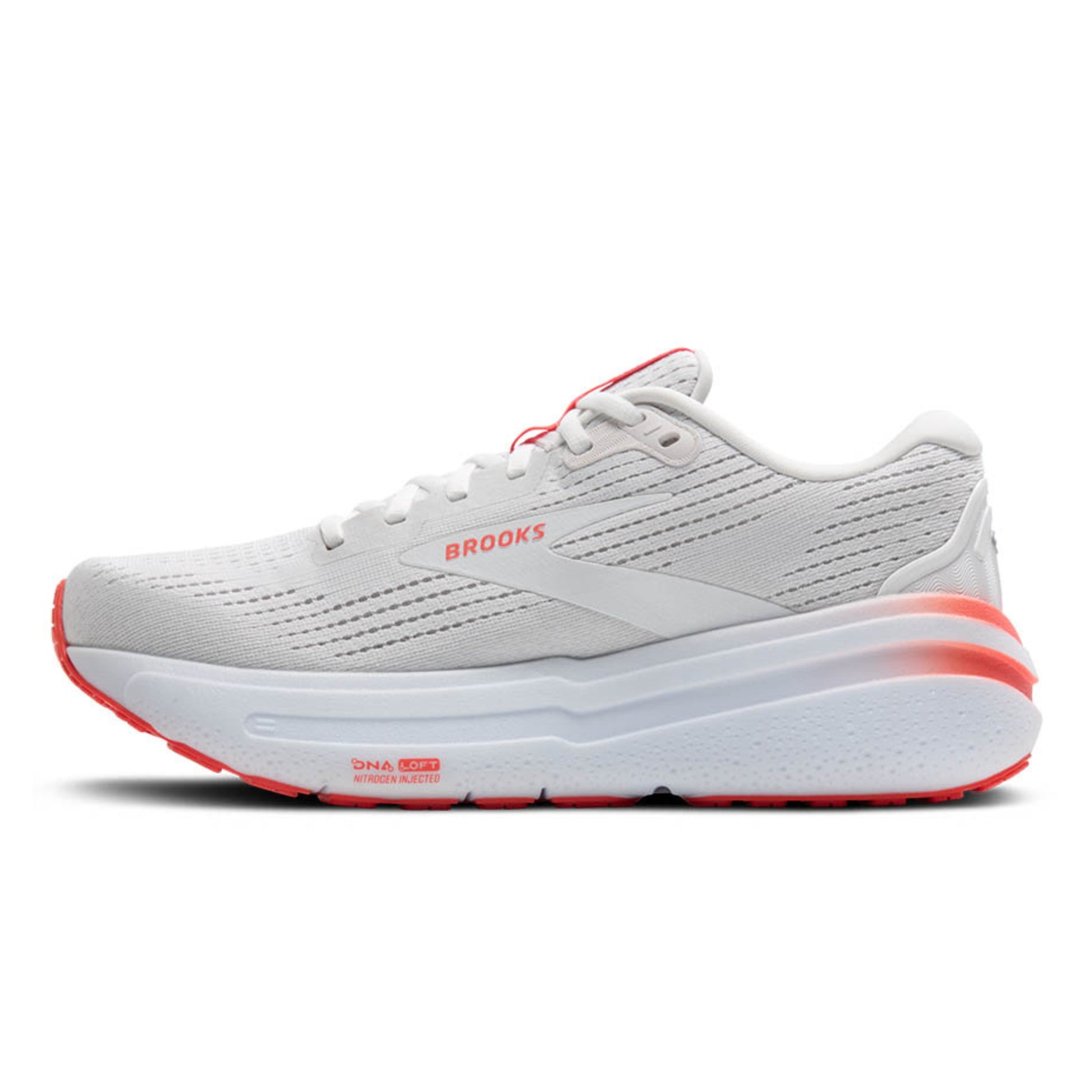White running shoe with red accents on a white background