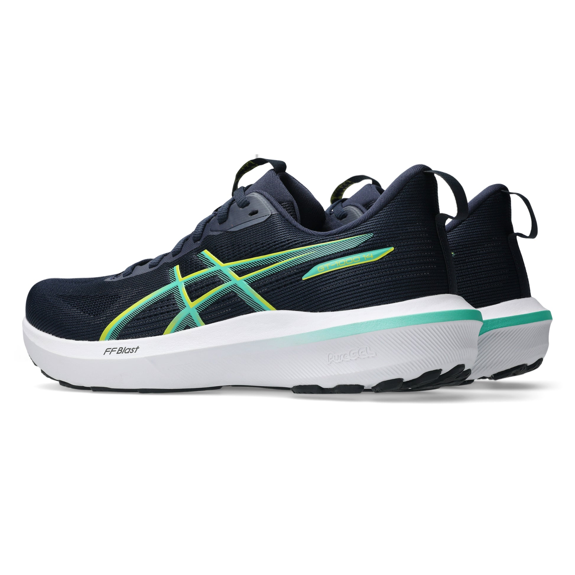 Black running shoe with white sole on a white background