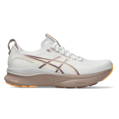 White running shoe with brown accents on a white background