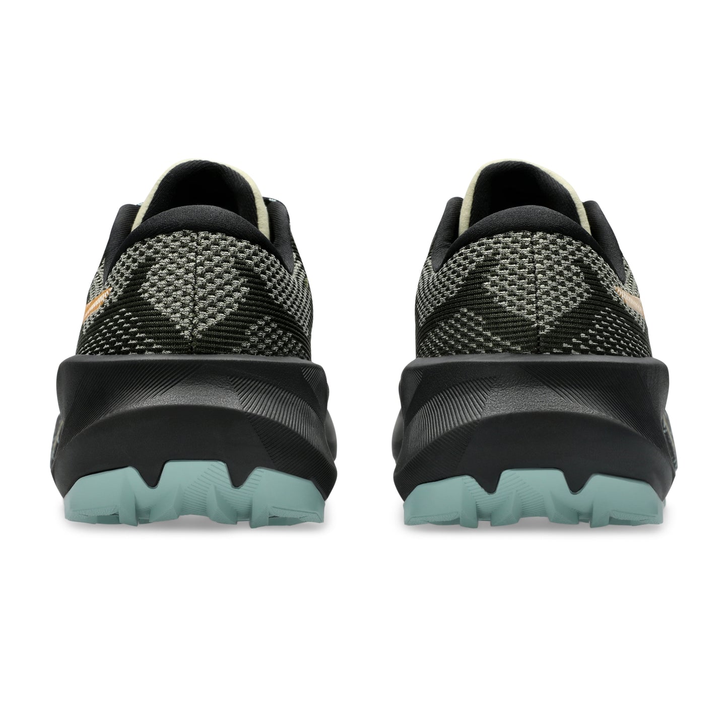 A pair of Asics trail running shoes shown from the rear, featuring a black and gray textured knit upper, a thick black midsole, and a light teal outsole, set against a plain white background.