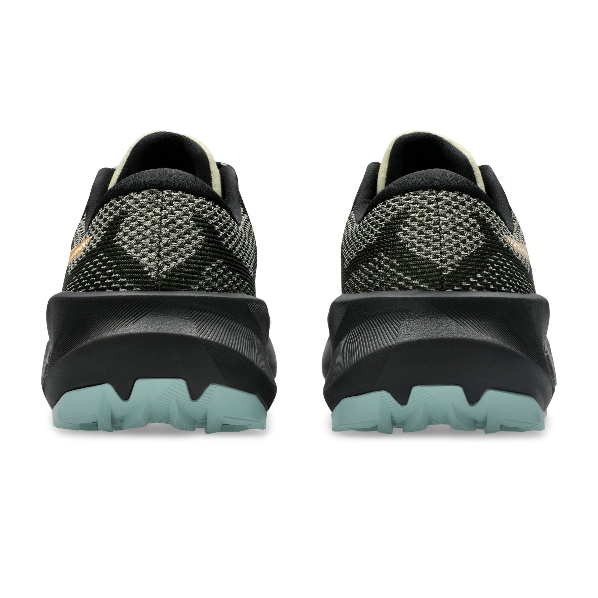A pair of Asics trail running shoes shown from the rear, featuring a black and gray textured knit upper, a thick black midsole, and a light teal outsole, set against a plain white background.