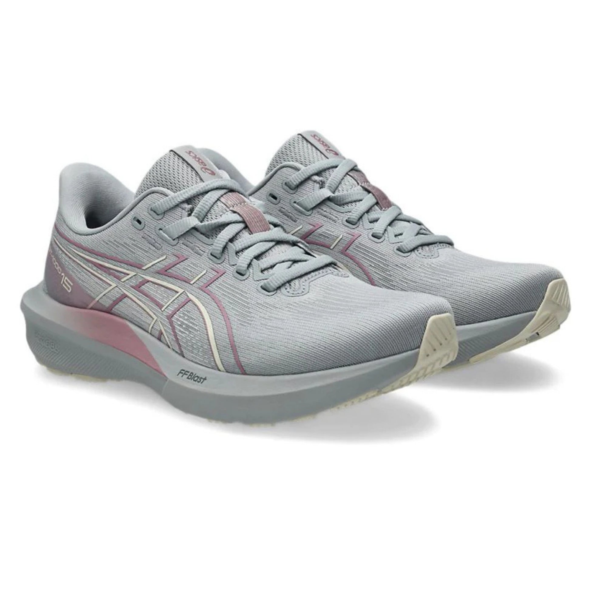 Gray Asics running shoes with a slight pinkish tint on a white background
