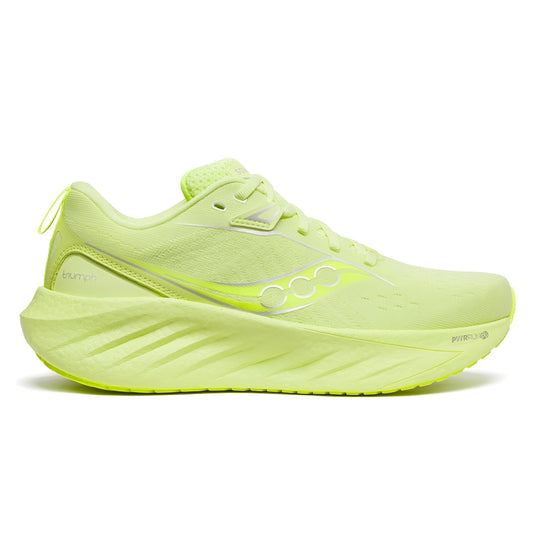 Sunny/Citron Saucony running shoe with wording Triumph 22 on the shoe