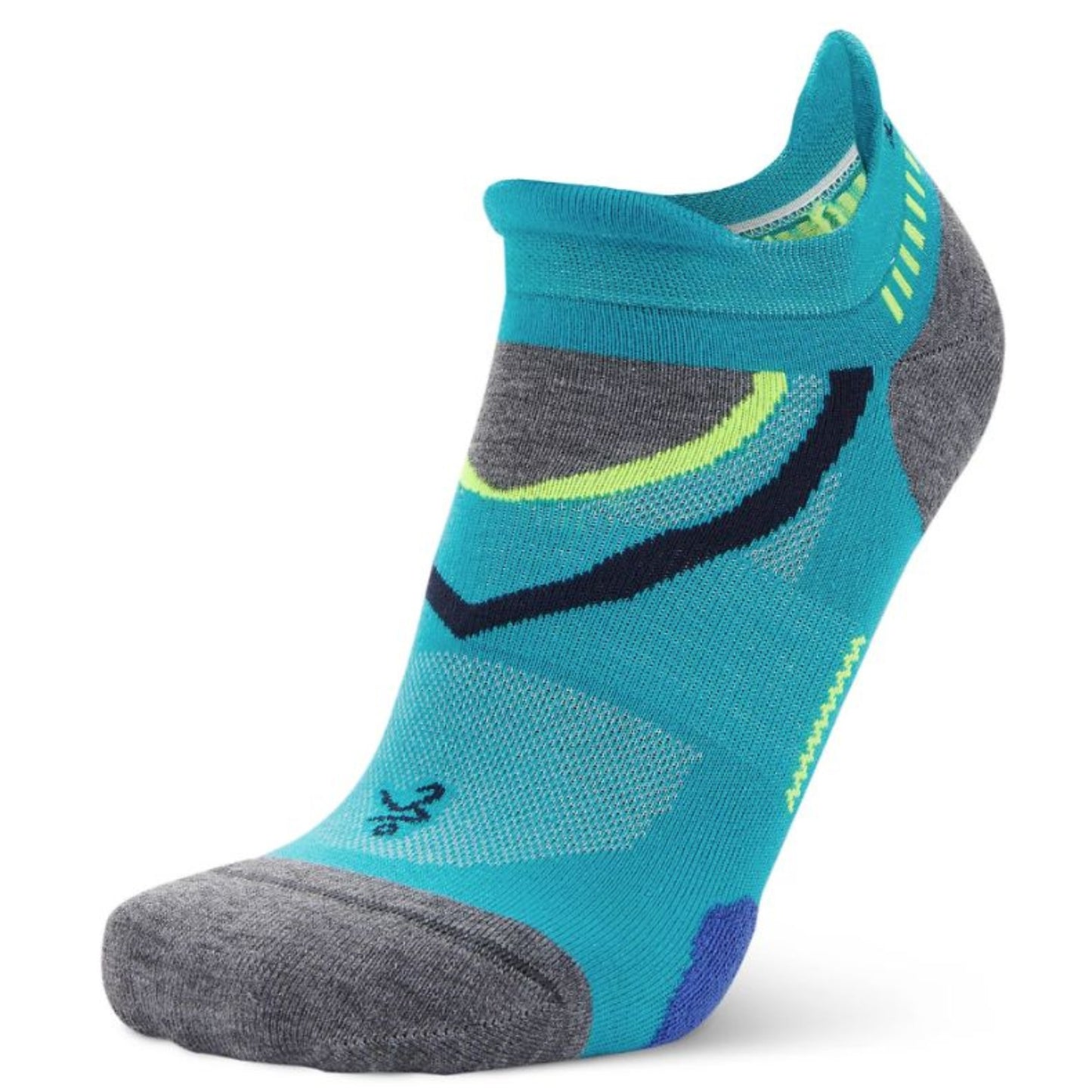 Blue and gray athletic sock with a visible brand logo on a white background