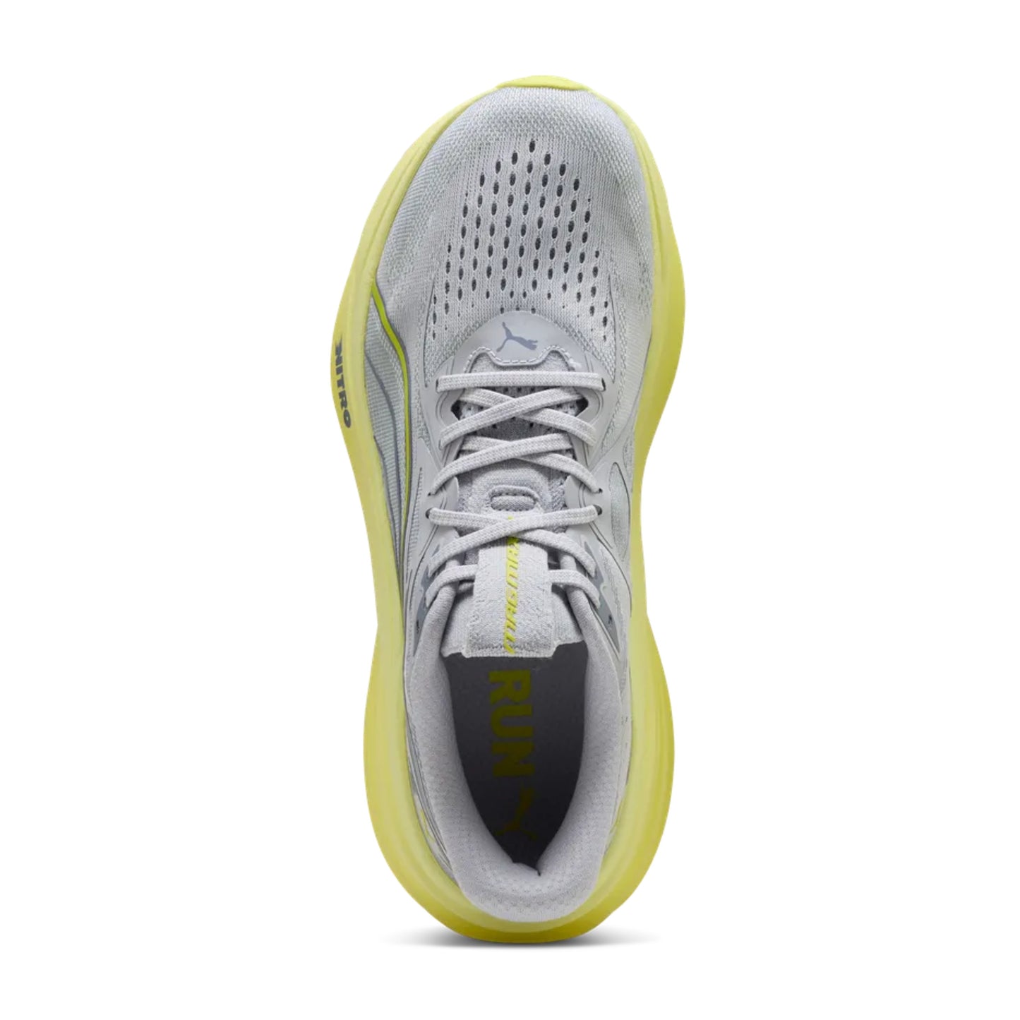 Gray and yellow Puma running shoe on a white background