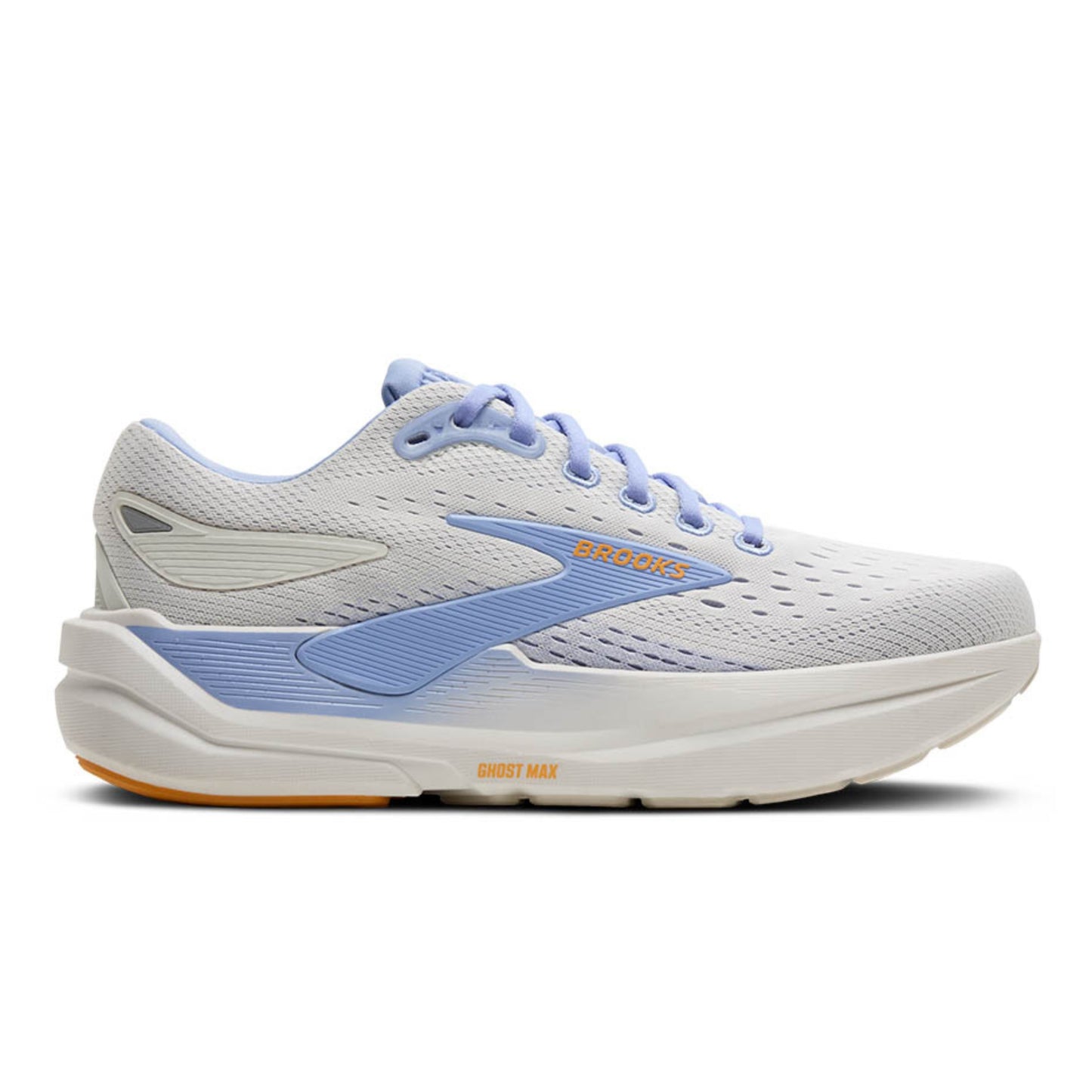 White and blue running shoe with 'Brooks' branding on a white background