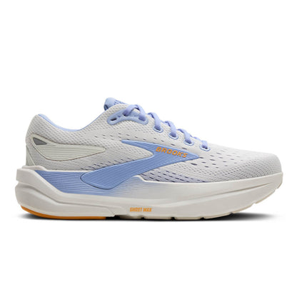 White and blue running shoe with 'Brooks' branding on a white background