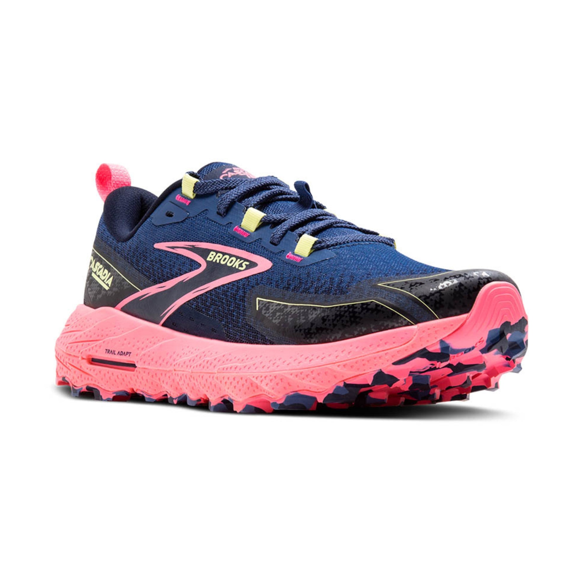 Blue and pink running shoe with visible 'Brooks' branding on a white background