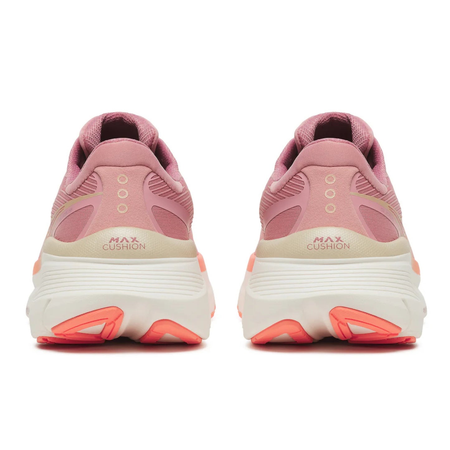 Back view of a pink Saucony running shoes with 'Max Cushion' text on a white background