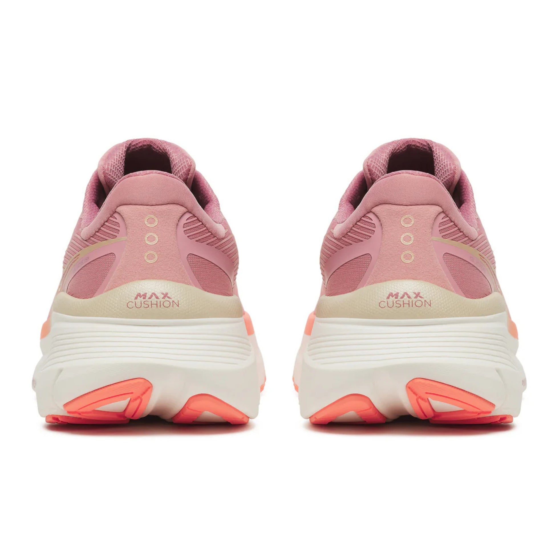 Back view of a pink Saucony running shoes with 'Max Cushion' text on a white background