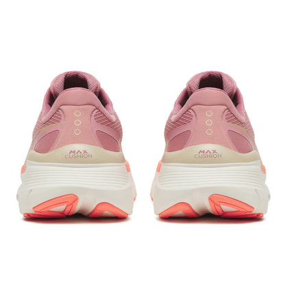 Back view of a pink Saucony running shoes with 'Max Cushion' text on a white background