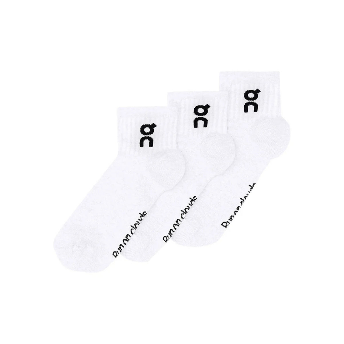 Three white ON crew socks arranged in a fan shape on a plain white background, each printed with a black 'bc' logo near the cuff and the word 'Daring socks' along the sole.