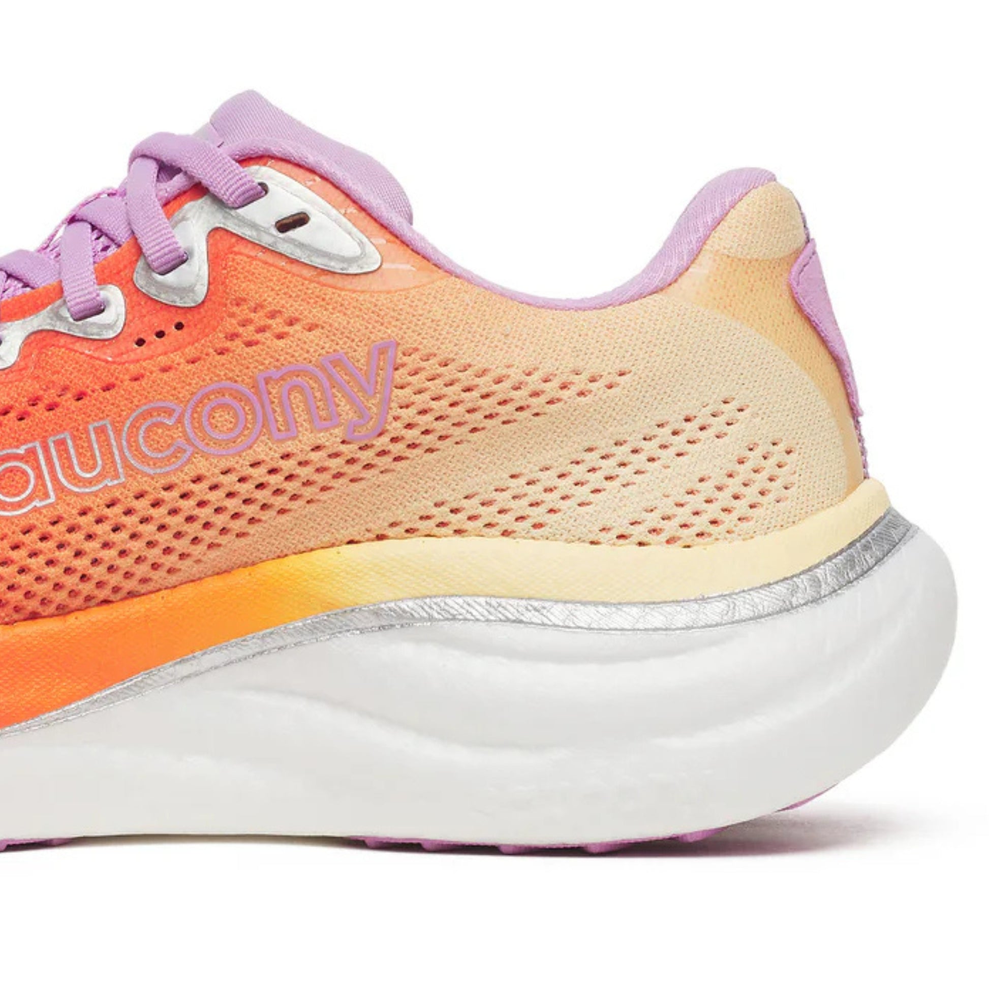 Orange and pink Saucony running shoe with ' Saucony' branding on a white background