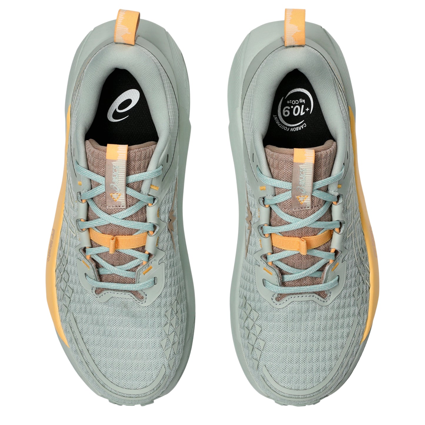 Asics running shoe with green and warm yellow tan accents with black cushioning 