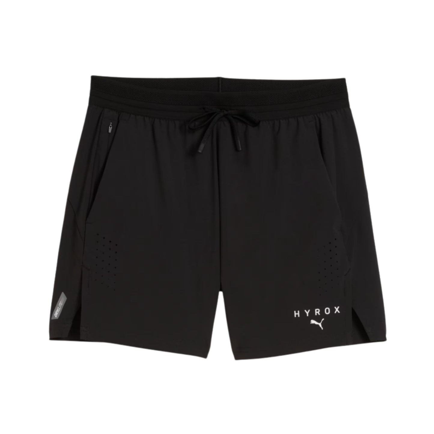 Black Puma shorts with 'HYROX' branding on a white background