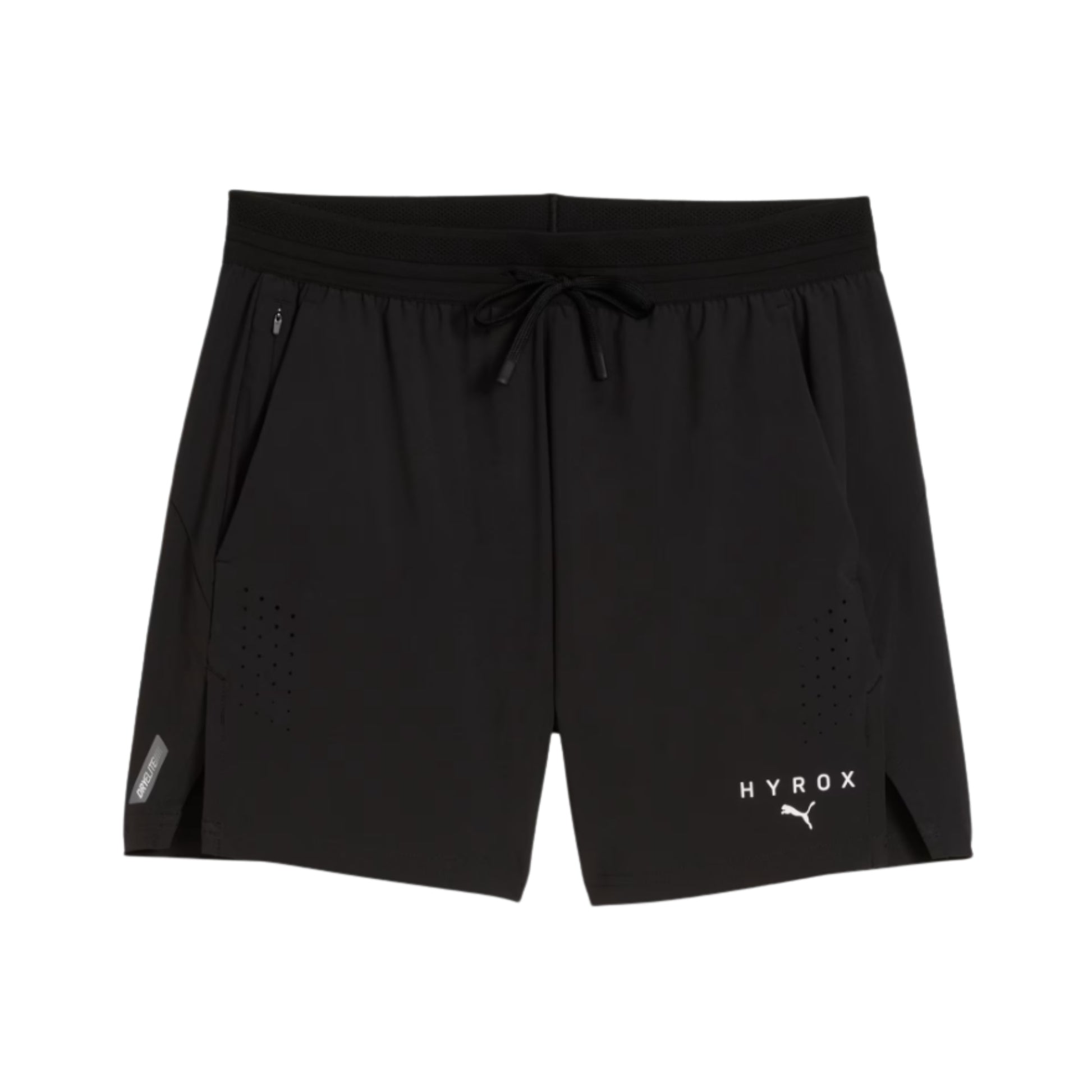 Black Puma shorts with 'HYROX' branding on a white background